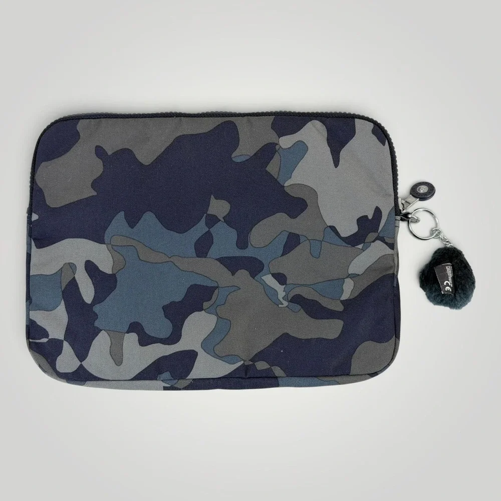 Kipling Tablet Sleeve Blue Camo Nylon Pouch Monkey Keychain K11252-4LT